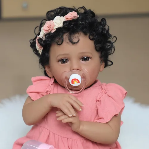 Vista 2 de SCOM Muñeca Bebé Reborn Realista – Niña afroamericana negra de 18 pulgadas, muñecas realistas con cuerpo suave y pesado, juguete de regalo de Bebé