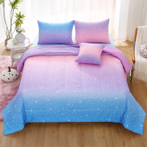Vista 10 de JQinHome Juego de edredón con purpurina, tamaño individual, juego de ropa de cama en una bolsa de 6 piezas en 3D colorido degradado para niñas