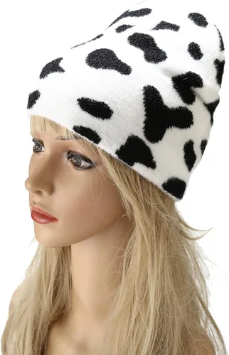 Vista 3 de Gorro de invierno con estampado de vaca, diseño de animales, doble capa, color blanco