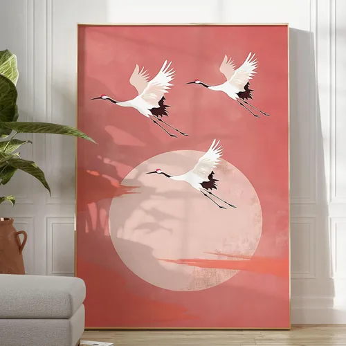 Vista 9 de Arte de pared de grúa blanca, póster de pájaros voladores, pintura abstracta verde, arte de grúa voladora, arte de pared de aves costeras, póster