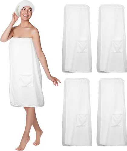 Vista 9 de Kinlop Juego de 4 toallas M para mujer, bata de spa con cierre ajustable, parte superior elástica y gorra para ducha de baño (negro)