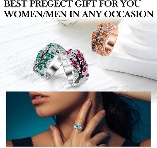 Vista 5 de Anillo de plata de ley 925 para mujer, diseño de ramas de cerezo, creado en laboratorio, rubí y esmeralda
