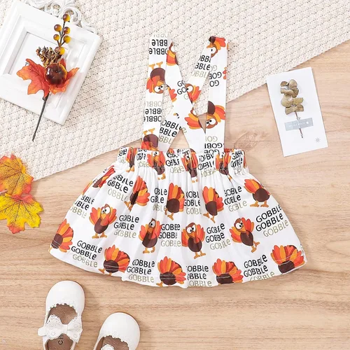Vista 4 de DOMOABEI My First Thanksgiving - Trajes de bebé para niña disfraz de pavo recién nacido manga larga con volantes falda con tirantes de 0 a 18 meses