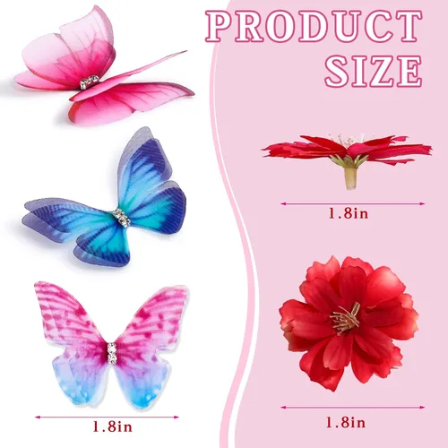 Vista 2 de Canlierr Juego de 100 mariposas de organza con cabeza floral sintética para manualidades, 50 cintas pequeñas 3D, 50 mini flores de imitación