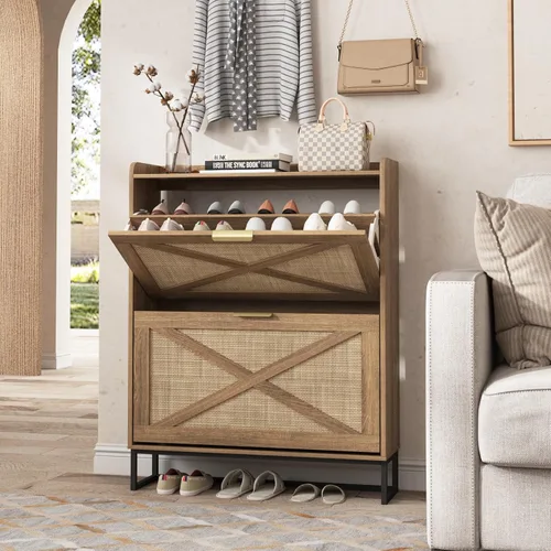 Vista 26 de Maupvit Gabinete de almacenamiento para zapatos con 2 cajones abatibles, organizador independiente con patas de metal para entrada, gabinete Beige