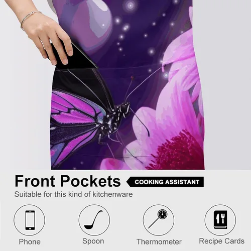 Vista 5 de MUSM Purple Butterfly And Flower Apron，Classic Vintage Funny with Pockets Aprons,Adjustable Bib Waterdrop Resistant for Kitchen Cooking Restaurant