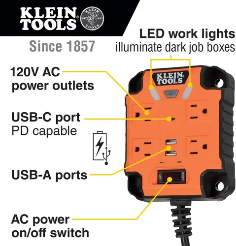Vista 6 de Klein Tools Paquete de mini ventilador USB recargable con batería con tira de alimentación magnética, protector de sobretensiones, luz LED, puertos