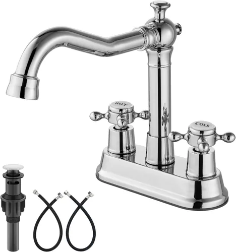 Vista 15 de Aolemi Juego central de 4 pulgadas, grifo vintage para lavabo de baño, 2 manijas cruzadas, lavabo para lavabo, 3 agujeros, incluye mangueras, grifo