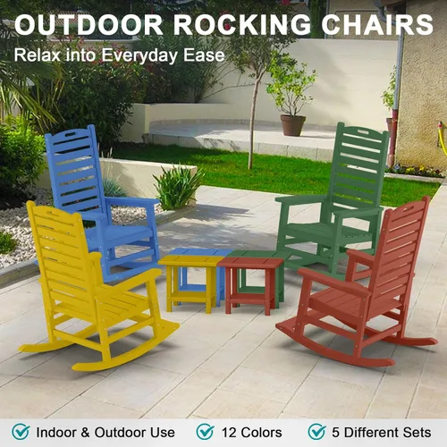 Vista 6 de PLUUV Silla mecedora de exterior con reposapiés extraíble para adultos, sillas mecedoras de patio de respaldo alto HDPE, sillas mecedoras de porche