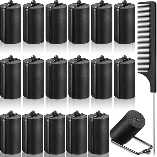 Vista 8 de Syhood 18 rodillos de satén para cabello negro, rodillos de esponja de espuma, rizadores de pelo envueltos en satén negro para peinado de peluquería
