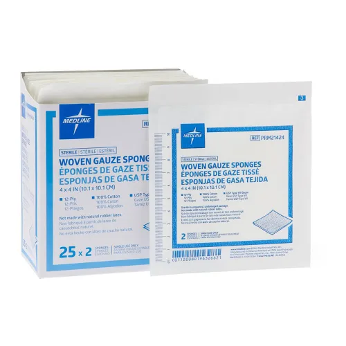 Vista 2 de Medline Esponjas de gasa tejidas estériles, 2" x 2", 12 capas, ideales para vendaje de heridas, paquete de 2400