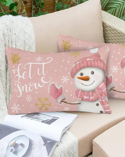 Vista 6 de Fundas de almohada de Navidad de muñeco de nieve rosa de 16 x 24 pulgadas, fundas de almohada rectangulares de invierno con copos de nieve