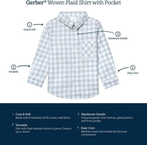 Vista 6 de Gerber Camisa de manga larga con botones a cuadros para bebés y niños pequeños