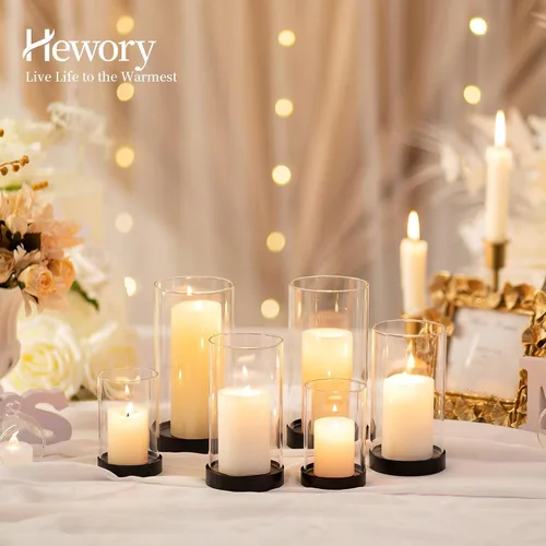 Vista 4 de Hewory Portavelas Huracán para Velas de Pilar: Juego de 6 Portavelas Votivos Negros, Huracán de Vidrio con Placa Metálica para Vela, Portavelas