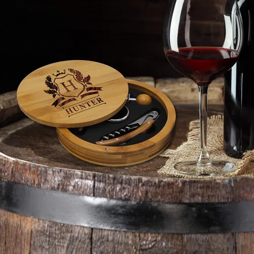 Vista 2 de My Personal Memories Juego de herramientas de abrebotellas de vino de madera de bambú personalizado 4pc - REDONDO