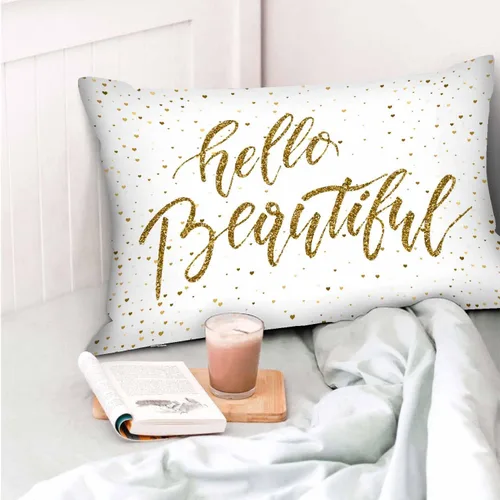 Vista 6 de Mugod Funda de almohada rectangular con purpurina dorada, cita motivacional, Hello Beautiful, funda de cojín decorativa para sofá de 20 x 30 pulgadas