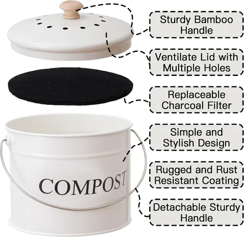 Vista 3 de Contenedor de compostaje – compostador de encimera de 1 galón con tapa, filtros de carbón, contenedor de basura de alimentos para interiores a