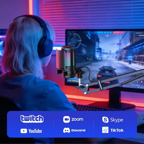 Vista 9 de Kit de micrófono USB para juegos, micrófono de condensador RGB con silencio, ganancia, soporte de brazo ajustable para monitoreo, filtro pop