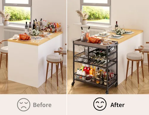 Vista 6 de Gizoon Carrito de barra rodante, un carrito de bebidas versátil con una bandeja extraíble, estante para vino para 12 botellas y soporte para vasos