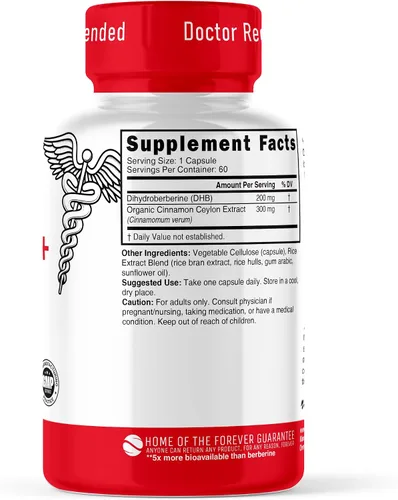 Vista 2 de Suplemento de dihidroberberina de 200 mg, 60 cápsulas, con canela de Ceilán orgánica, 54 veces más biodisponible que el HCL de berberina regular