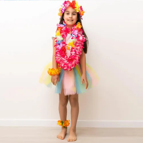 Vista 8 de 6 juegos de faldas hawaianas de hierba Leis para fiesta Luau, falda hula con diademas, pulseras tropicales decoraciones de fiesta, multicolor