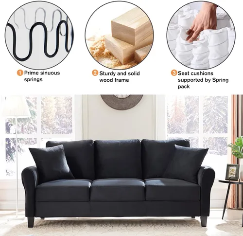 Vista 10 de Sofá tapizado de terciopelo de 3 plazas con 2 almohadas, sofá moderno de 78 pulgadas con patas de madera maciza para sala de estar, apartamento