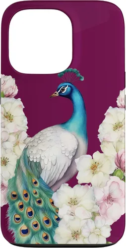 Vista 10 de iPhone 16 Peacock Bird with Long Feathers Watercolor Flowers Case