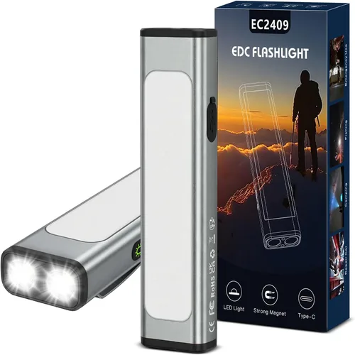 Vista 20 de Linterna plana EDC recargable, 1200 lúmenes USB-C (naranja, 1 unidad) Linterna de bolsillo con clip, 9 modos de luz magnética impermeable pequeña