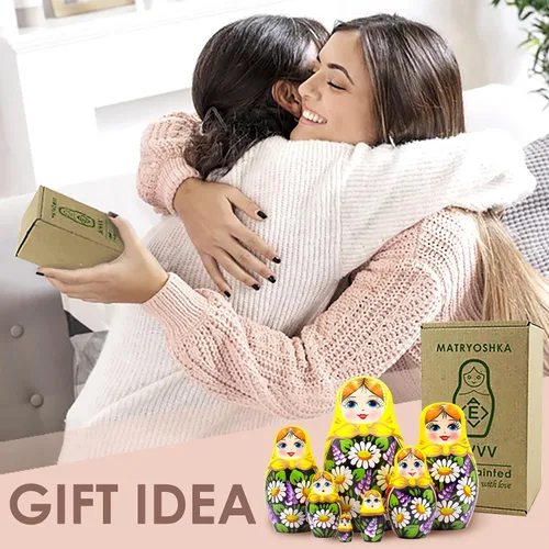 Vista 6 de AEVVV Juego de 7 muñecas rusas de Matryoshka - Muñecas rusas en vestido de Sarafan con manzanilla pintada a mano y flores lilas - Русские Матрески