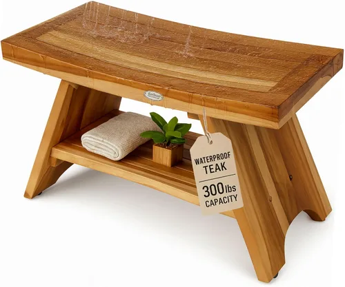Vista 19 de EcoDecors Banco de ducha de teca con estante de 18", capacidad de 300 lb – Asiento de spa de madera impermeable completamente ensamblado