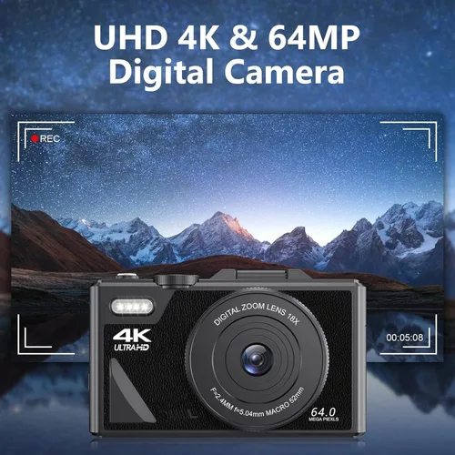 Vista 2 de Cámara digital 4K 64MP UHD 18X Zoom Autofoco Retro Cámara compacta para viajes, cámara de vlogging de pantalla abatible con pantalla de 3 pulgadas