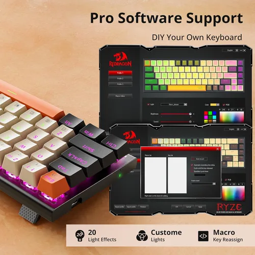 Vista 5 de Redragon Teclado mecánico 60% para juegos, 68 teclas, teclado RGB de oficina con cable con teclas de flecha, macro programable, interruptores rojos