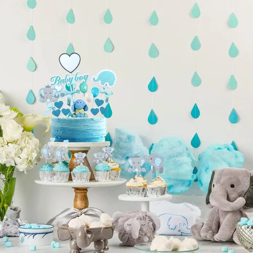 Vista 3 de 48 piezas de decoración de elefante azul para cupcakes, de doble cara, con texto en inglés "It is A Boy" Elefante, decoración de cupcakes