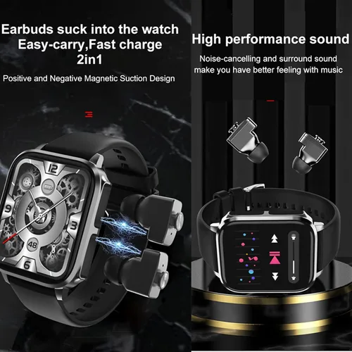 Vista 3 de Tuanzi T22 - Reloj inteligente 2 en 1 de 1.83 pulgadas con auriculares TWS inalámbrico Bluetooth Combo Bluetooth Llamada Bluetooth Frecuencia