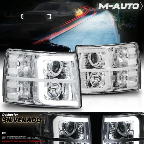 Vista 2 de M-AUTO Conjunto de faros proyector cromado con 2 pares de bombillas LED de 6000K preensambladas compatibles con Chevy Silverado 1500 07-13
