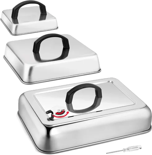Vista 10 de Leonyo - Juego de 3 cúpula de fusión de metal, cubierta de acero inoxidable de 12 y 9 pulgadas para parrilla, parte superior plana, cubierta