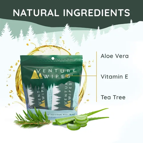Vista 6 de Venture Wipes Toallitas corporales de aceite de árbol de té, toallitas de aventura para adultos, limpieza biodegradable con aloe y vitamina E
