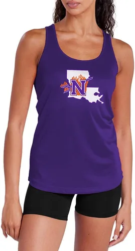Vista 317 de Camiseta deportiva sin mangas oficial de NCAA Collegiate para mujer, con espalda cruzada, colección con logotipo primario
