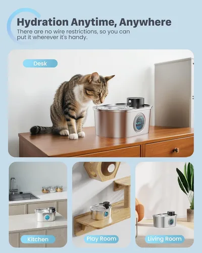 Vista 8 de Fuente de agua inalámbrica para gatos: fuente para mascotas de acero inoxidable operada por pilas, dispensador automático de agua inalámbrico