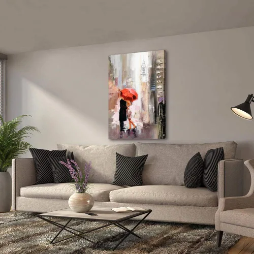 Vista 3 de RUISHI Lienzo decorativo para pared, impresiones giclée modernas, paisaje urbano de Nueva York, pintura romántica, amantes bajo el paraguas rojo