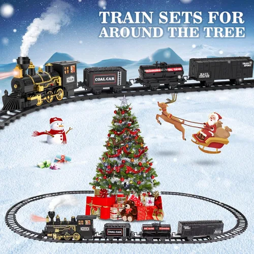 Vista 4 de BainGesk Juego de Tren, Juego de tren de Navidad con vapor, luces y sonidos, juegos de tren para alrededor del árbol de Navidad, juguetes de tren