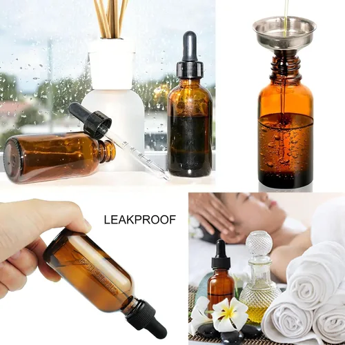 Vista 2 de Paquete de 20, botella cuentagotas de vidrio ámbar de 2 onzas con cuentagotas medido, embudos Essential Oil Tincture Bottles,60ml Brown Glass