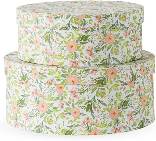 Vista 9 de Soul & Lane Cajas de almacenamiento decorativas de cartón oblongas con tapas, juego de 2 cajas de cartón floral para recuerdos, almacenamiento