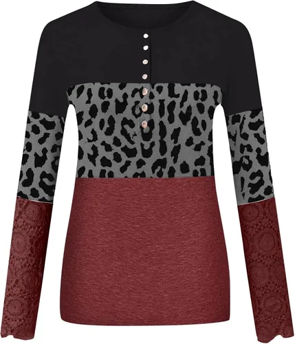 Vista 2 de Tops de moda para mujer, con estampado de leopardo, de encaje, manga larga, informal, con botones