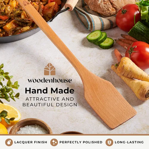 Vista 5 de Cucharón de madera largo de 17.5” – Paleta para cangrejos, espátula de madera para cocinar – Cucharón de madera de haya de mango largo para cocina