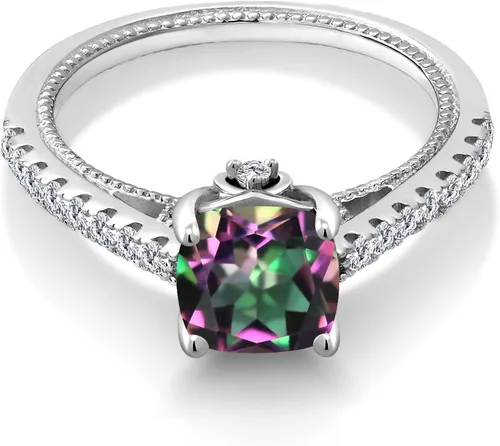 Vista 2 de Gem Stone King Anillo de compromiso de plata de ley 925 con topacio místico verde y zafiro blanco creado para mujer