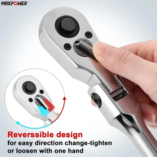 Vista 4 de MAXPOWER Llave de Tubo de cabeza flexible de 1/2 pulgada, función de trinquete reversible de liberación rápida de 72 dientes, mango extensible