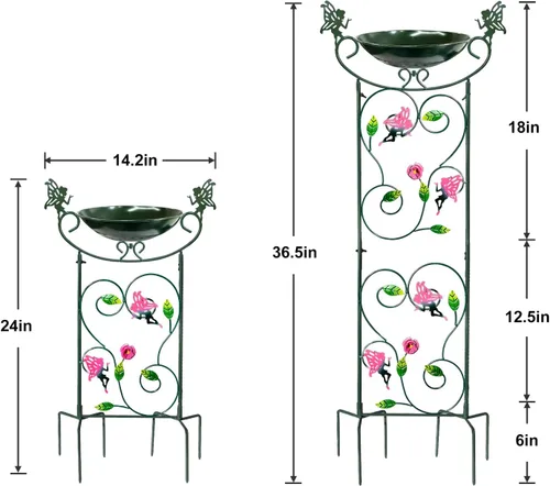 Vista 2 de HONGLAND Baño de metal para pájaros de 36.5 pulgadas con enrejado, baño para pájaros de jardín al aire libre con cuenco desmontable y soporte