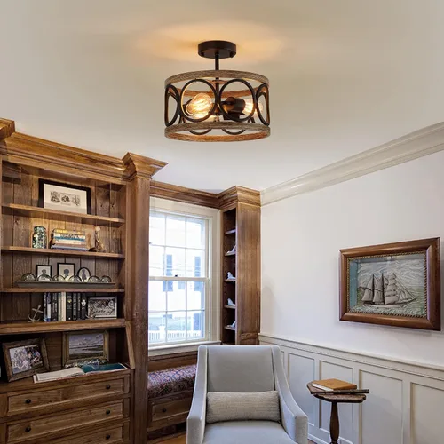 Vista 8 de MEIXISUE Lámparas de Techo de Montaje Semi-empotrado Estilo Granja Moderna, 3 Luces Acabado Negro y Madera Retro, Pantalla de Tambor Lámparas