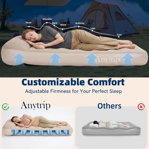 Vista 5 de Colchón de aire de campamento individual de 10 pulgadas con bomba integrada con almohada elevada de 2 pulgadas, colchón inflable portátil